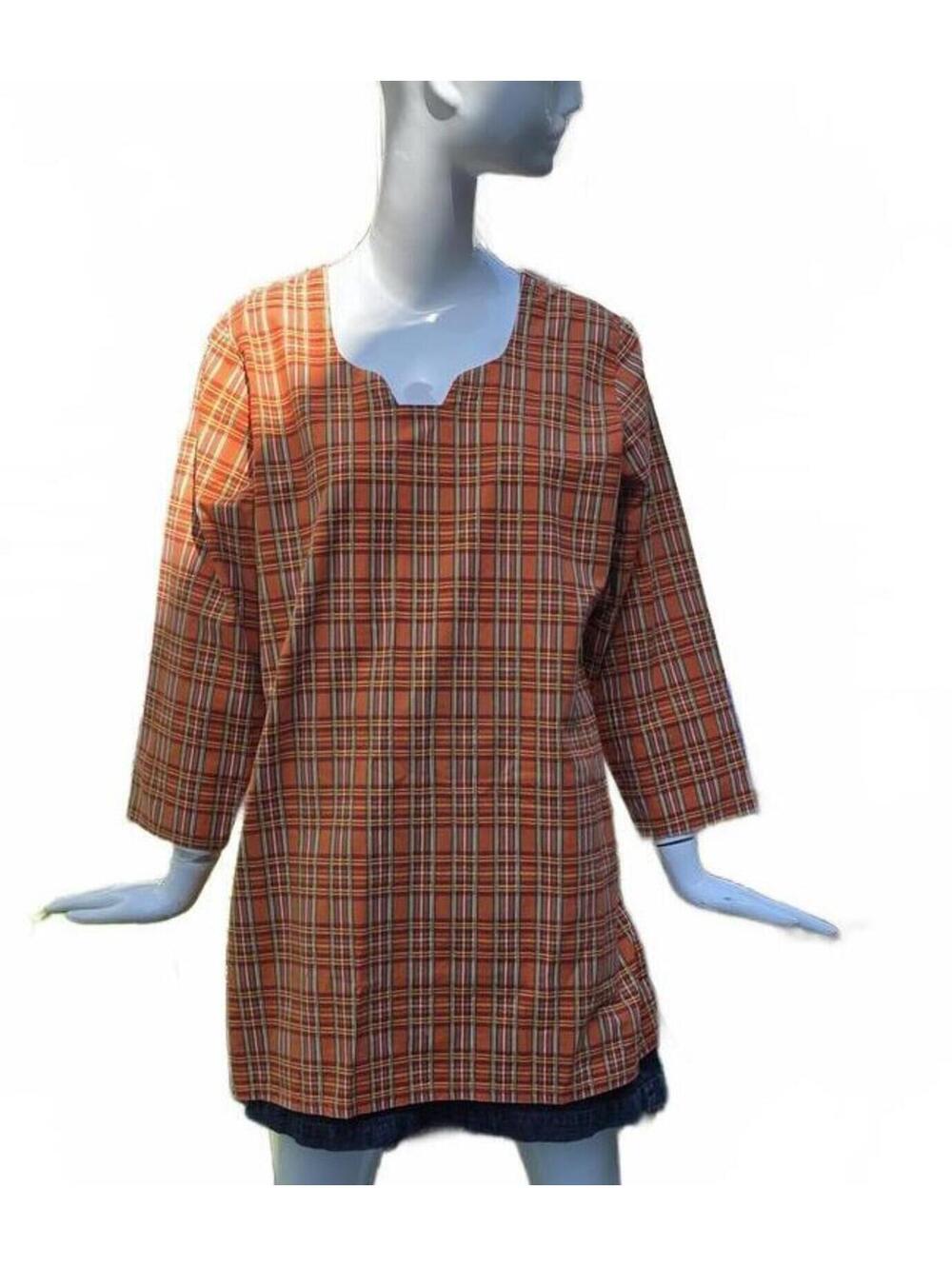 Vintage Unique Handmade Orange Plaid Tunic with green red and white stripes. lg.